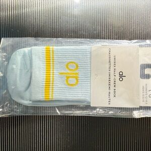 ALO Yoga Light Blue Crew Socks with Yellow Stripes